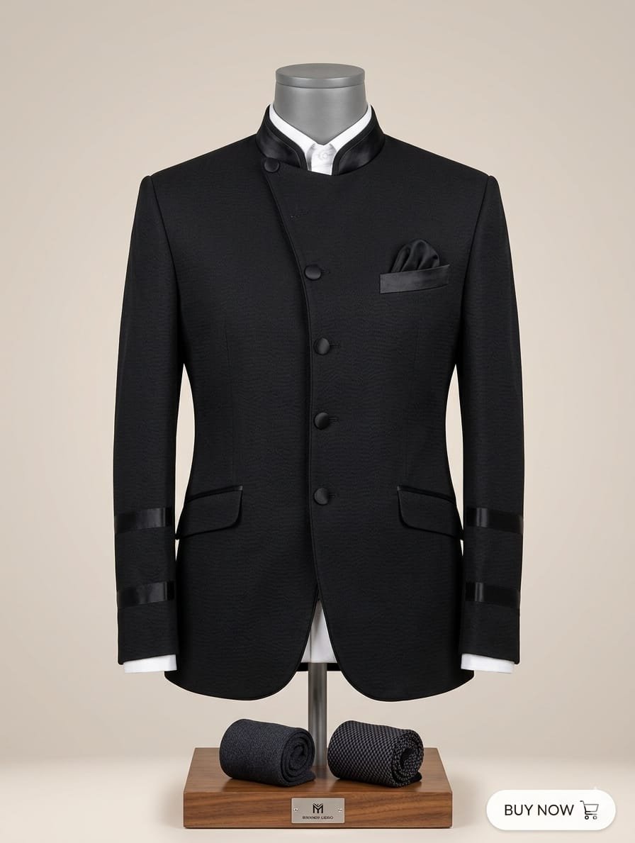 MIDNIGHT  NOIR ASYMMETRIC BANDHGALA JACKET